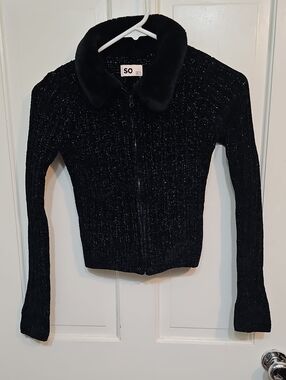 SO Black Shimmer Zip-Up Sweater with Faux-Fur Collar